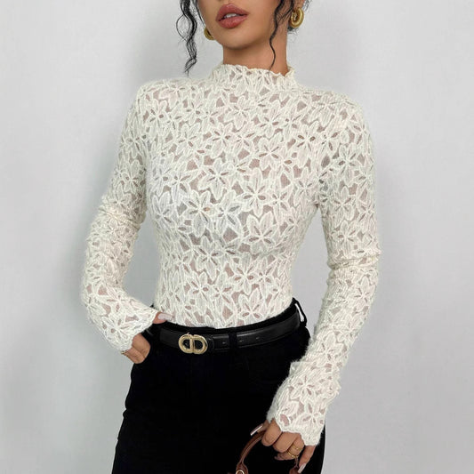 Maglietta aderente in pizzo con collo alto e orecchie in legno da donna