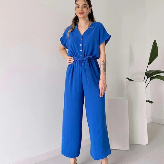 Pantaloni da tuta da donna con scollo a V, monopetto, vita alta, allacciati, gamba dritta