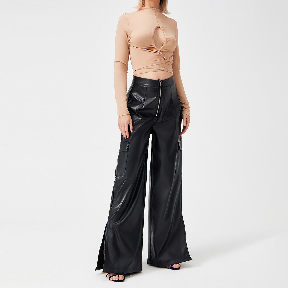 Fashion PU Trousers Metal Zipper Pocket Long Pants