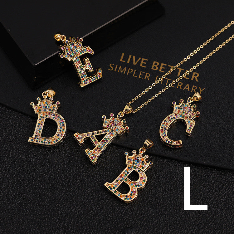Micro-inlaid Colorful Zircon Hip-hop Personality 26 Letters Pendant Necklace