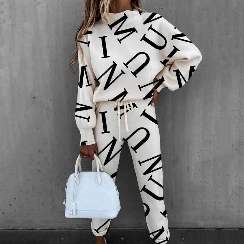 Completo casual alla moda da donna con collo alto e stampa tie-dye e maniche lunghe