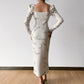 New Temperament Gentle Print Square Neck High Waist Split Dress Women