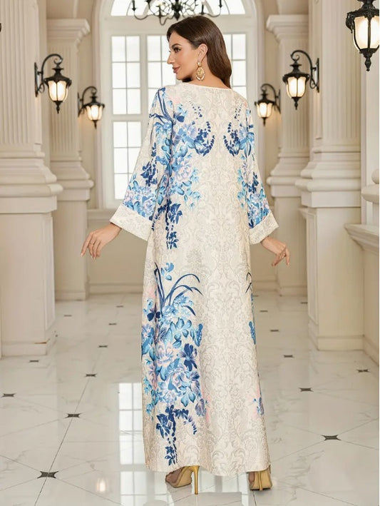 Elegantes langärmliges Abaya-Kleid mit Blumendruck