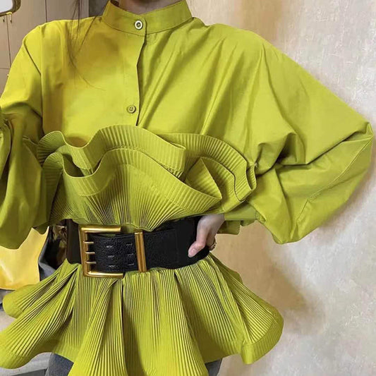 Camicetta plissettata in pizzo con vita irregolare Camicetta da donna Cintura con fibbia tinta unita per capodanno