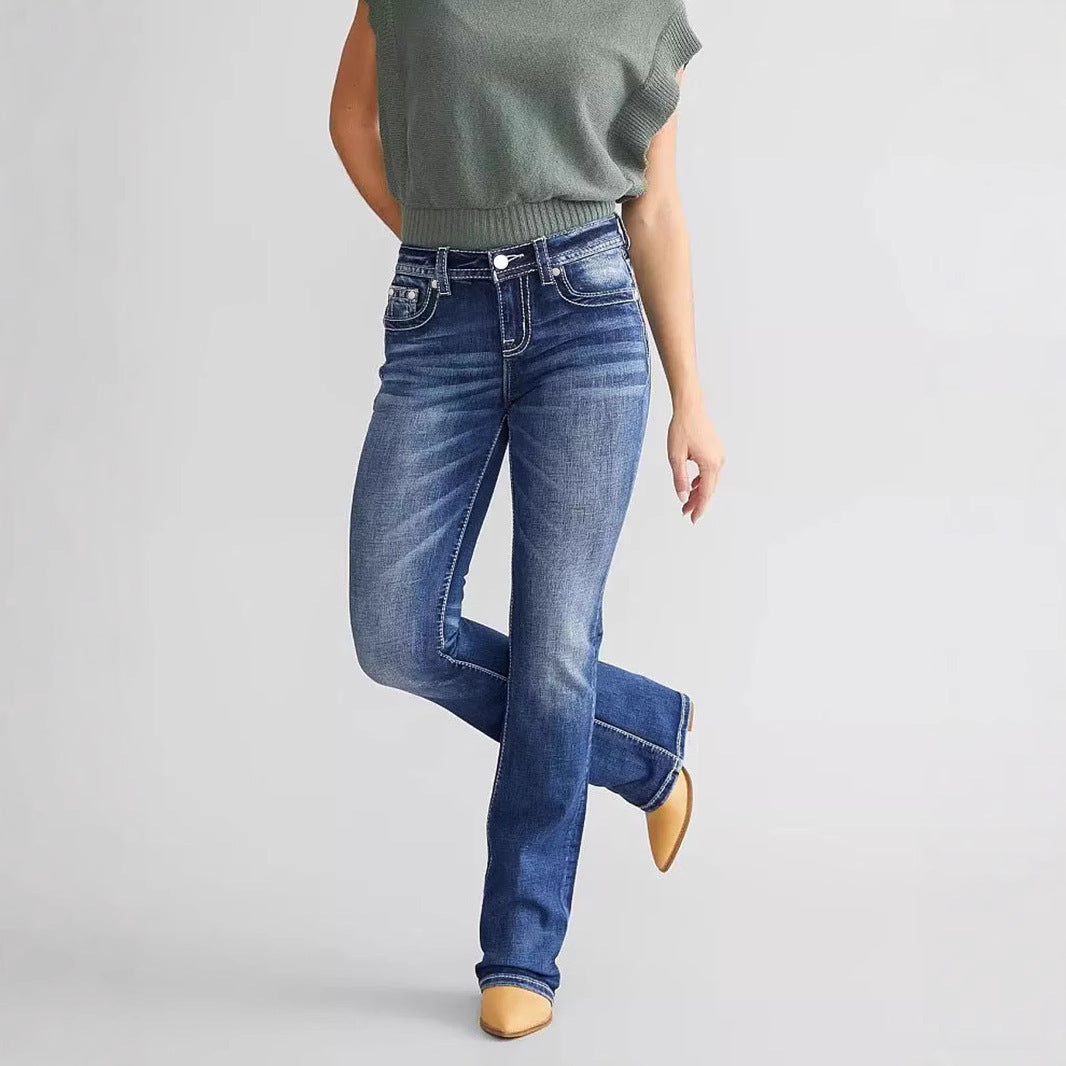 Pantaloni alla caviglia in denim con ricamo da donna alla moda