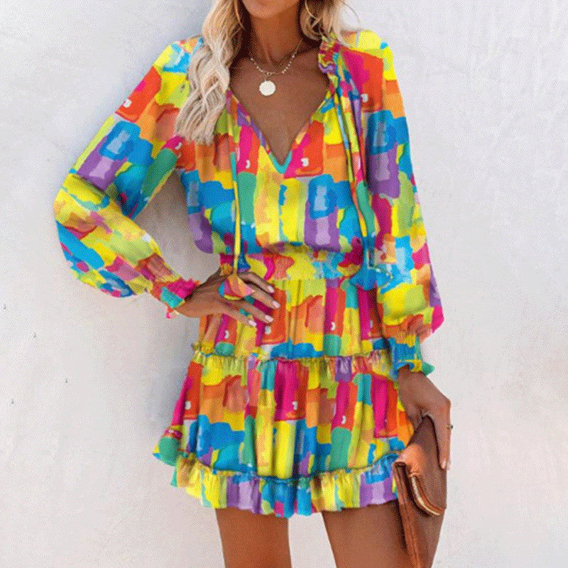 Abito a maniche lunghe con stampa a fiori, alla moda, patchwork, maniche a sbuffo, vita, abiti da donna