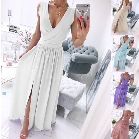 Ärmelloses Sommerkleid mit Knöchelrock für Damen, einfarbig, V-Ausschnitt, vorne geteilt, langes Kleid