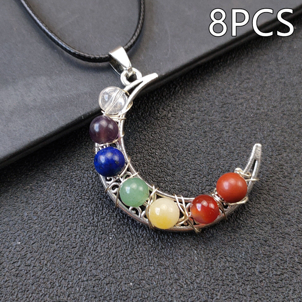 Collana con pentagramma a forma di luna e sette chakra in pietra di cristallo