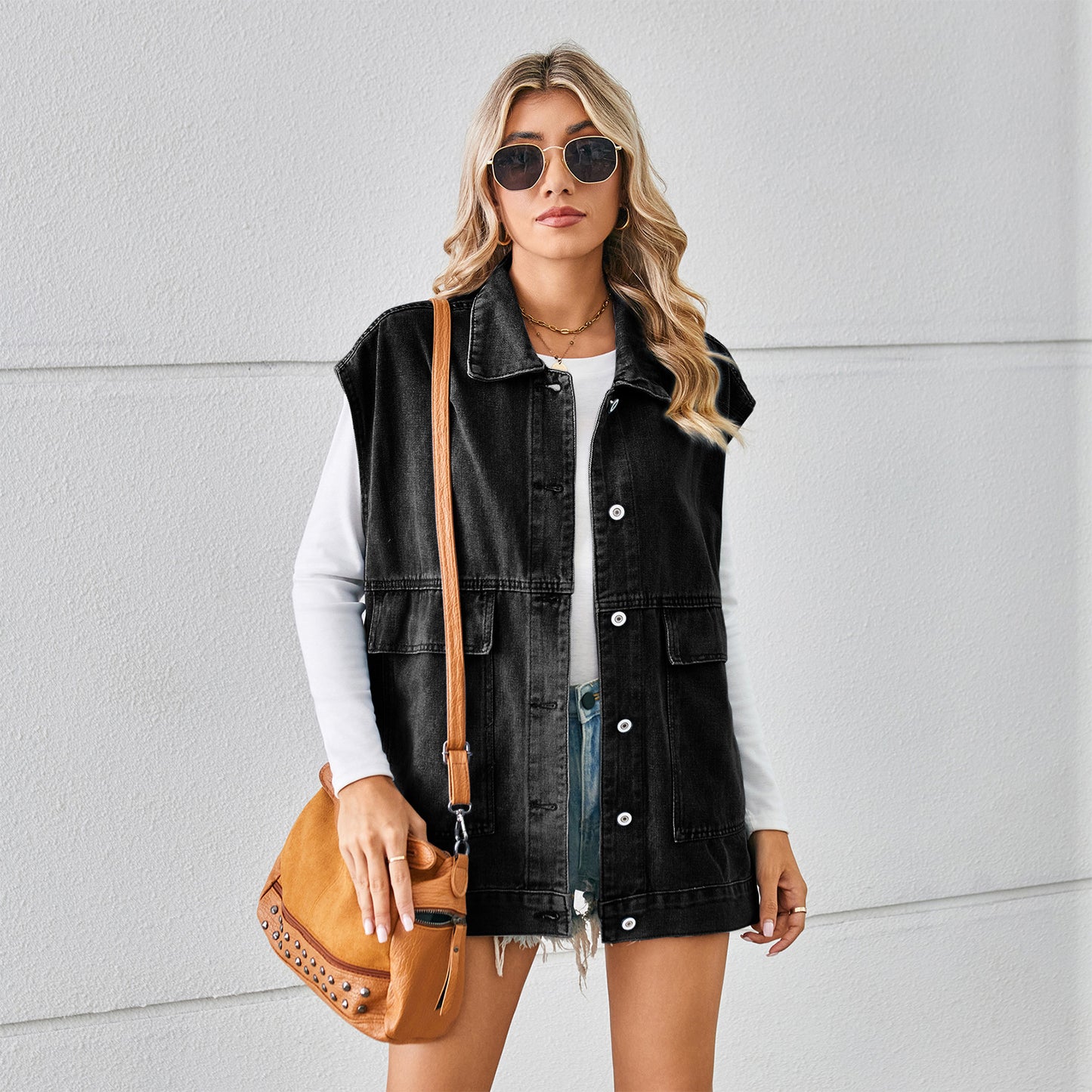 Gilet in denim con grandi tasche, gilet senza maniche alla moda per abbigliamento da donna