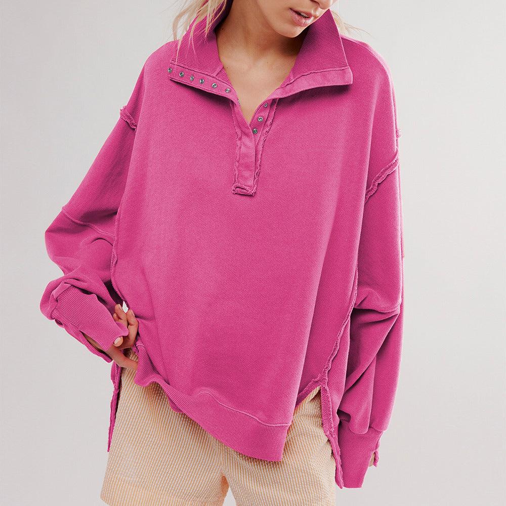Fashion Button Lapel Sweatshirt With Slit Design Casual Sports Lantern Sleeve Pullover