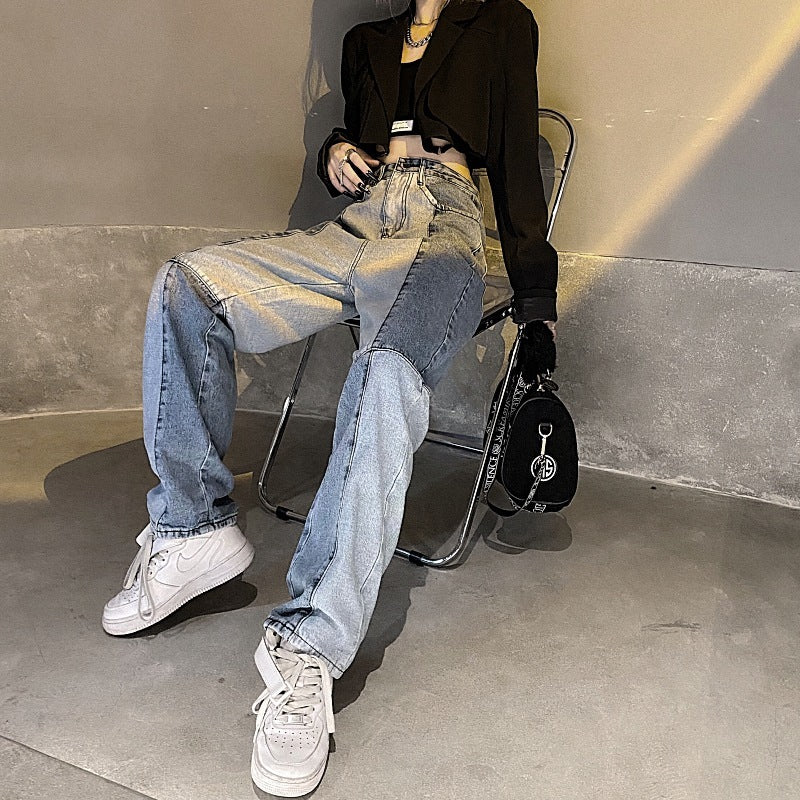 Damen Jeans im Harajuku-Stil mit Retro-Farbblock und hoher Taille