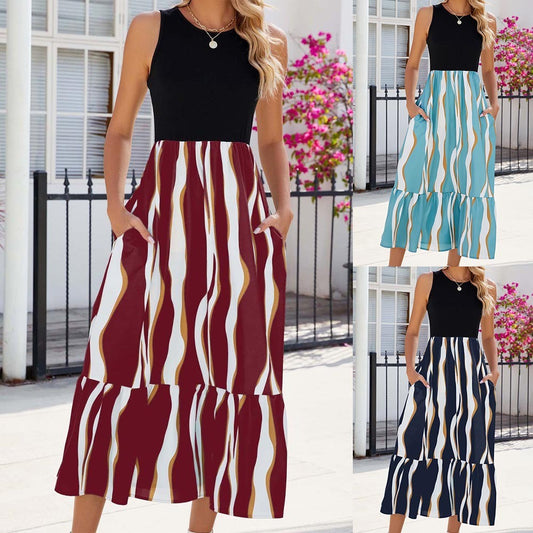 Abito lungo senza maniche con scollo rotondo, moda estiva, abiti a righe stampati, abbigliamento da donna