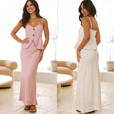 Modisches, ärmelloses Overall-Kleid-Set mit Knöpfen