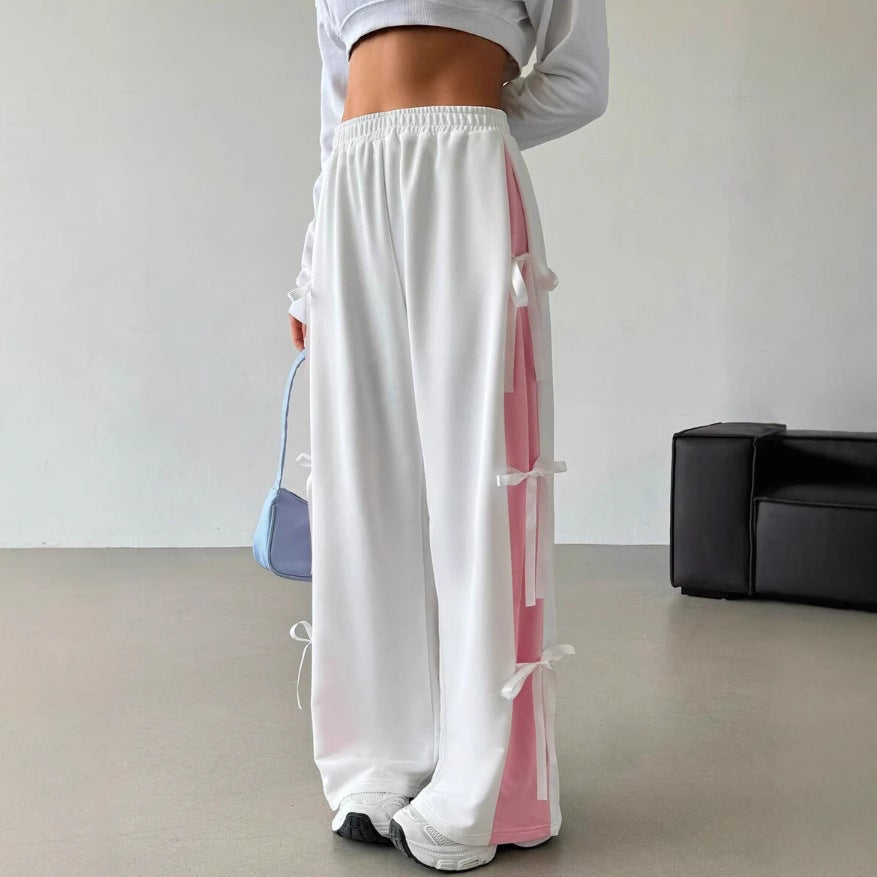 Pantaloni dritti con elastico in vita e colore a contrasto da donna