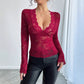 Solid Color Sexy Lace Slim V-neck Long Sleeve