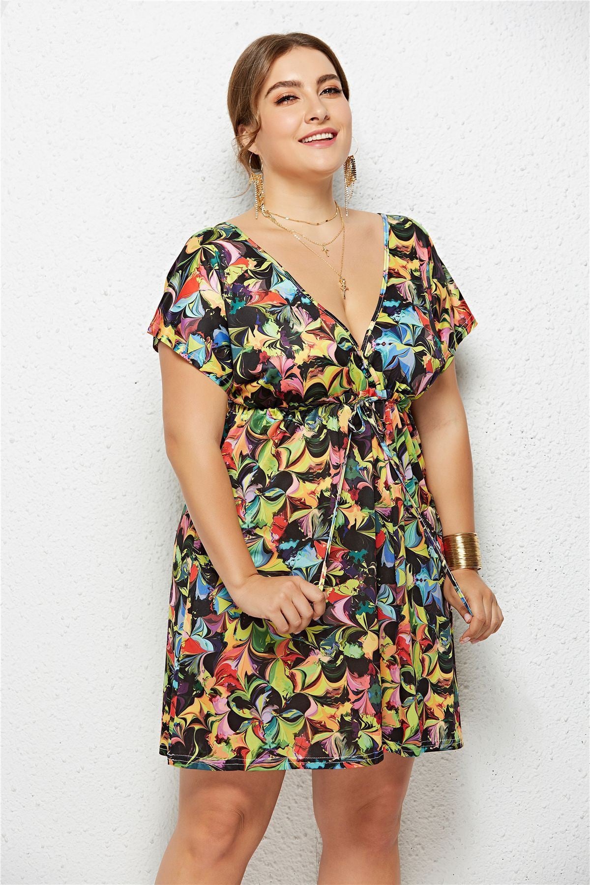 Women Summer Print Dress Casual Deep V Neck Beach