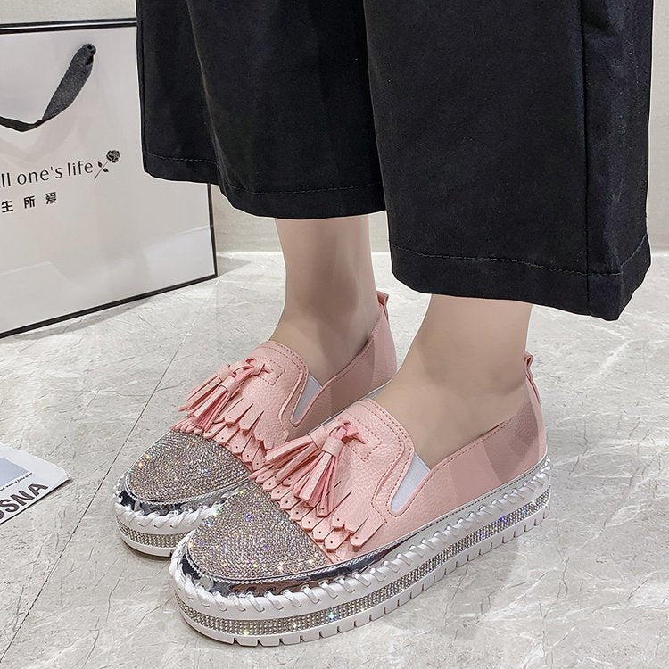Shallow Leather Rhinestone Platform Shoes For Women