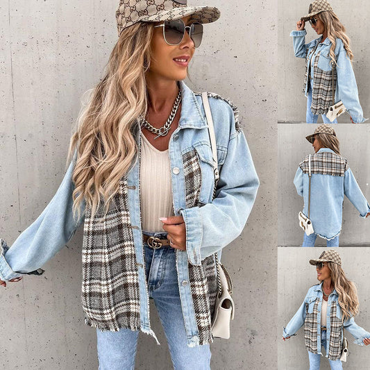 Cappotto scozzese con cuciture in denim, top largo da donna