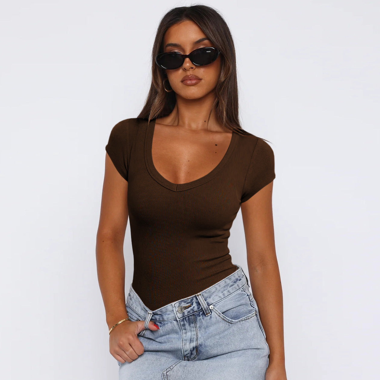 Maglietta aderente con motivo a spirale alla moda, estiva, tinta unita, sexy, a maniche corte, per abbigliamento da donna