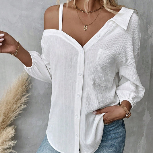Nuova moda street style casual camicia asimmetrica con spalle scoperte
