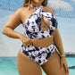 Cross Collar Random Printed Bikini Swimsuit Suit