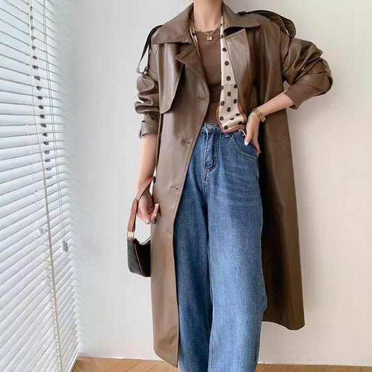 Cappotto snellente in PU a vita media da donna retrò