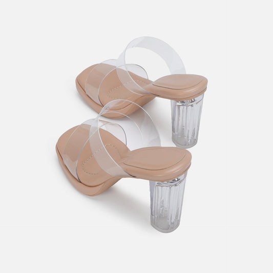Damen Sandalen mit Knöchelriemen und hohen Absätzen, transparente Kristallschuhe mit dickem Absatz für die Oberbekleidung