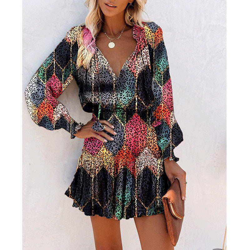 Abito a maniche lunghe con stampa a fiori, alla moda, patchwork, maniche a sbuffo, vita, abiti da donna