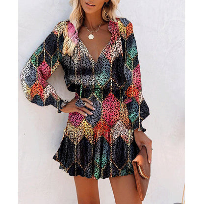 Abito a maniche lunghe con stampa a fiori, alla moda, patchwork, maniche a sbuffo, vita, abiti da donna