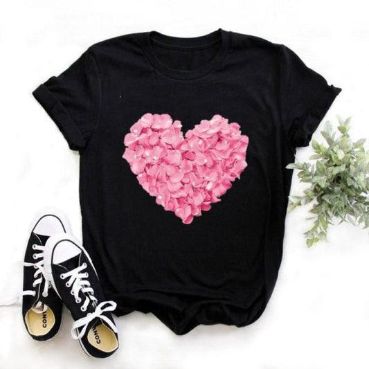 Maglietta a maniche corte con stampa a girocollo con piume Heartbeat Lady