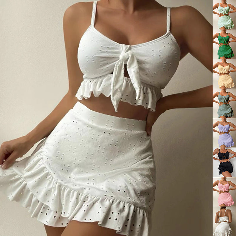 3-teiliger Strandbikini mit hüftbetontem Rock, modisches Rüschendesign, Badeanzug-Set, Sommer-Damenbekleidung