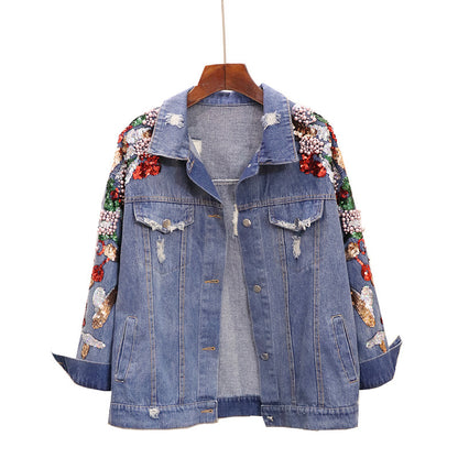 Giacca di jeans snellente con perline e paillettes ricamate, modello Loose Heavy Industry, da donna