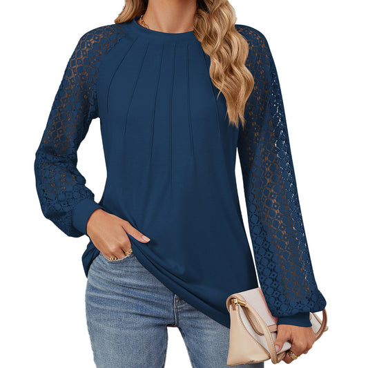 Nuova maglietta a maniche lunghe in pizzo con scollo rotondo, alla moda, ampia e tinta unita, per abbigliamento da donna