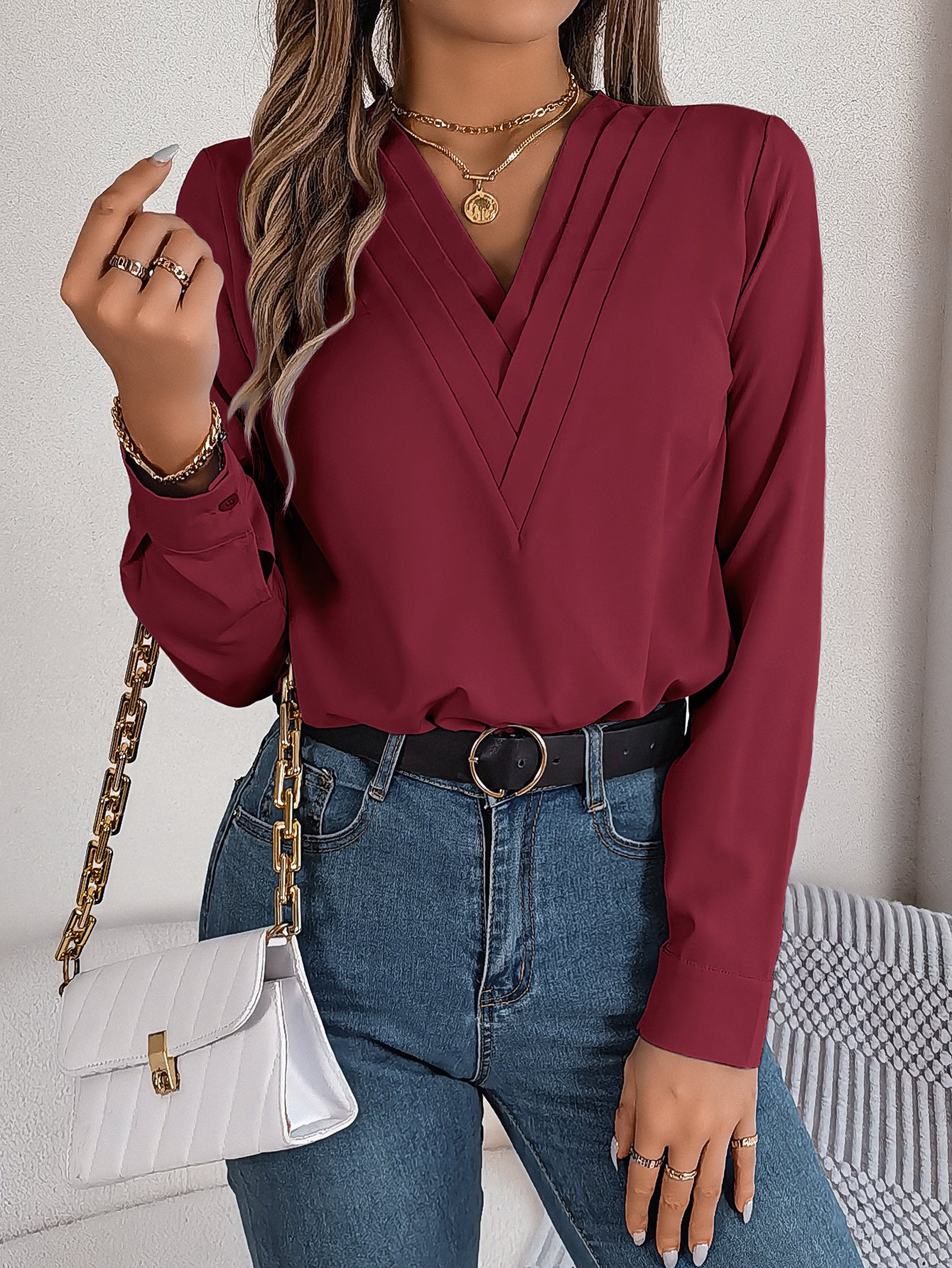Camicia a maniche lunghe con scollo a V alla moda, elegante, da pendolare, tinta unita, da ufficio, abbigliamento da donna