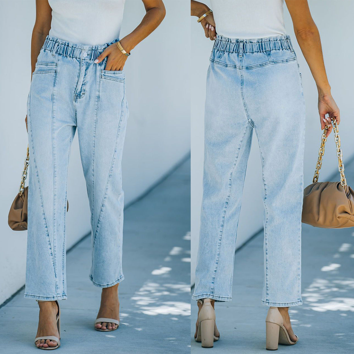 Pantaloni a vita alta in denim azzurro chiaro da pendolare di Temperamento