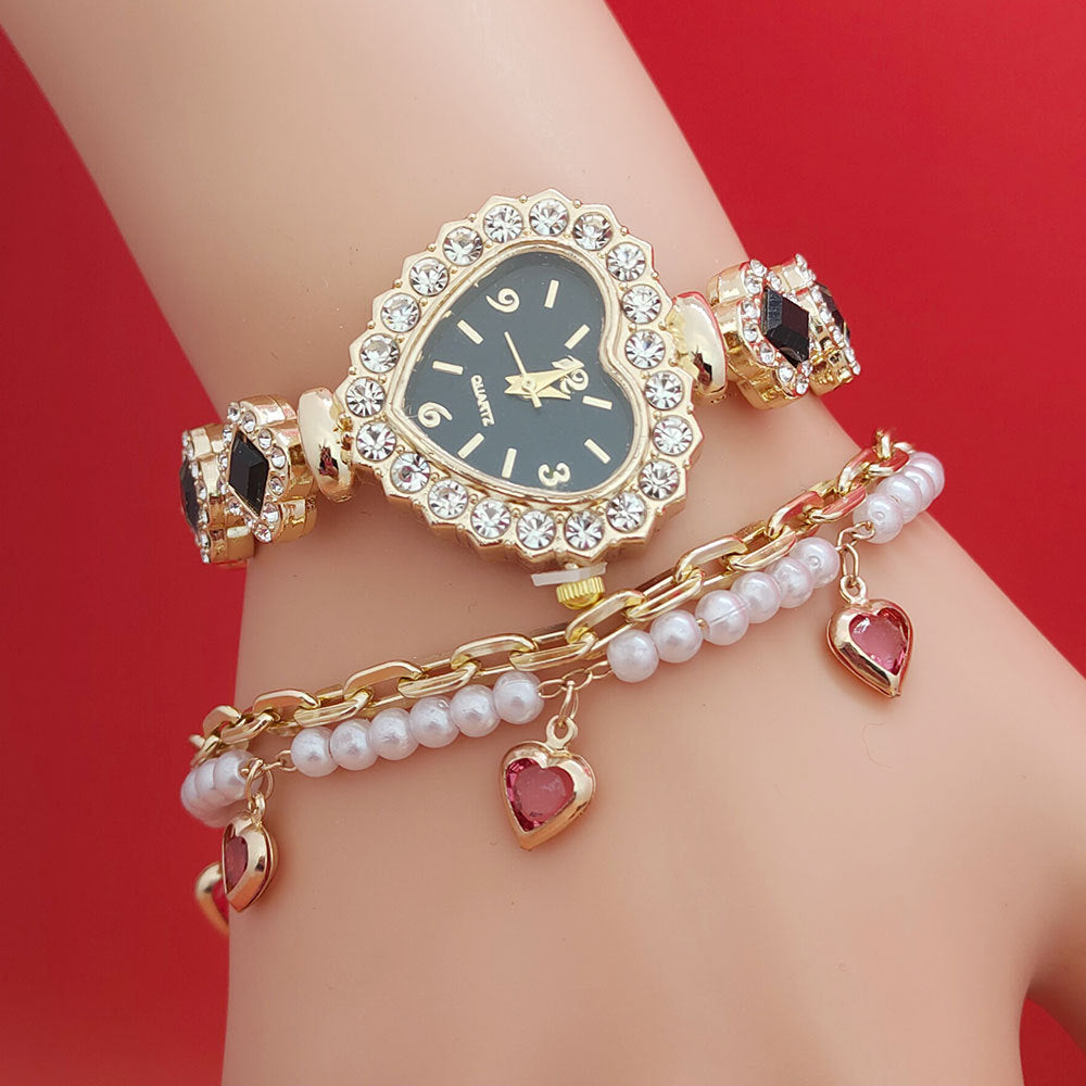 Orologio da polso con forma di amore alla moda, set di orologi al quarzo con cuore colorato e diamanti, moda da donna