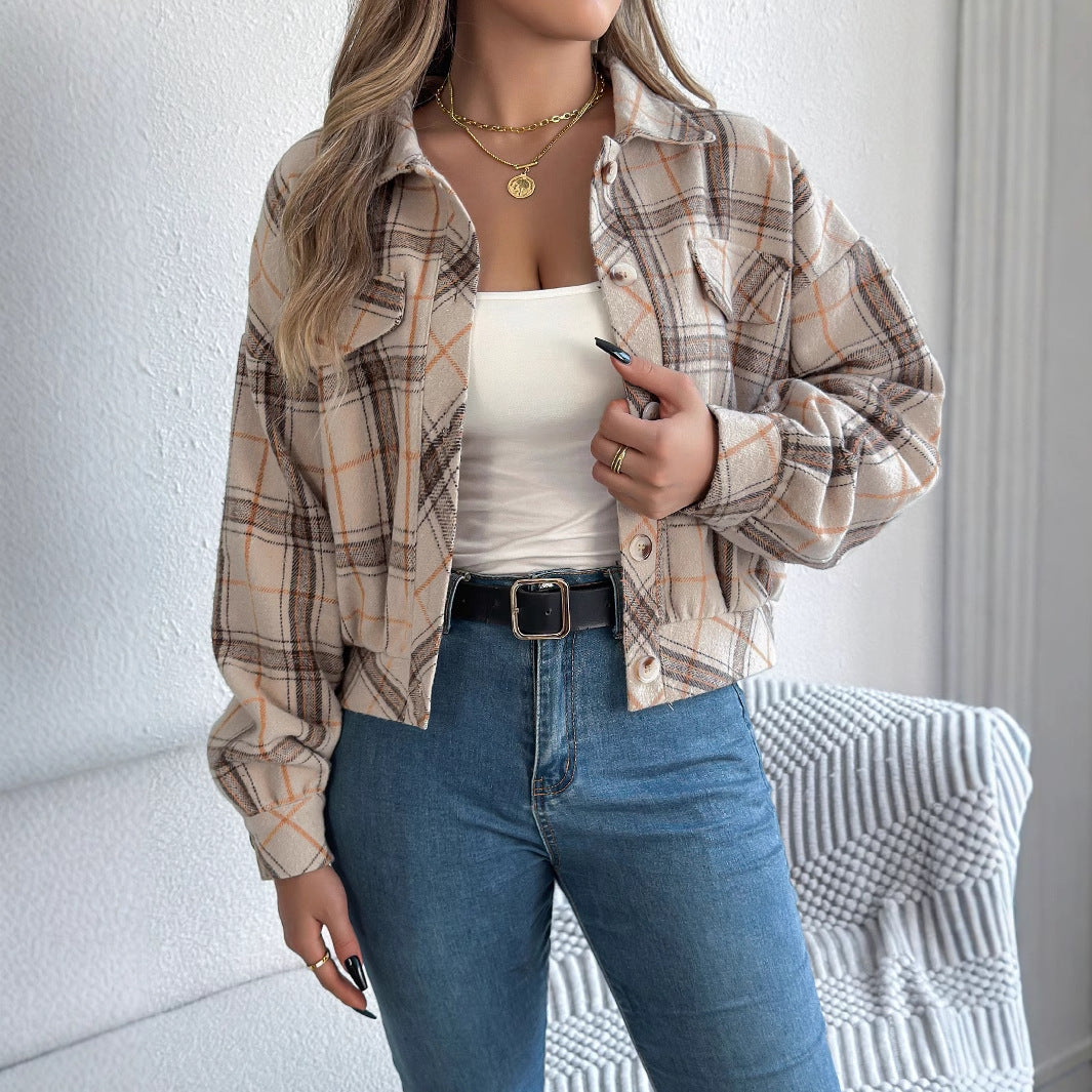 Plaid Faux Pocket Long Sleeve Woolen Cloth Jacket Coat