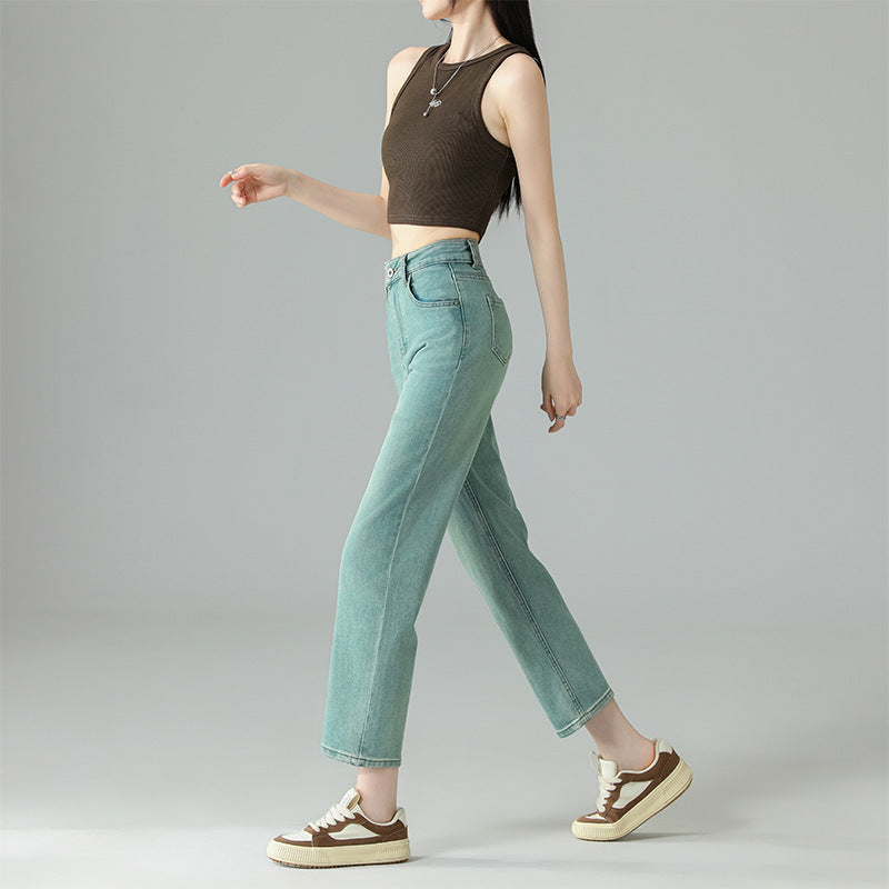 Jeans dritti ricamati cropped verde menta da donna