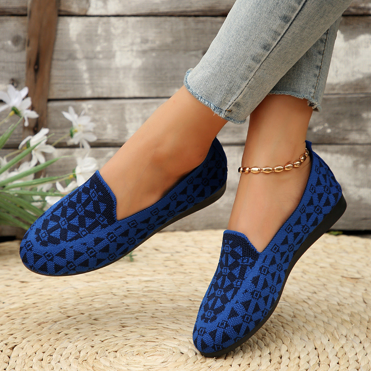 Scarpe basse con punta rotonda stampata, scarpe casual alla moda, traspiranti, in maglia, mocassini per donna