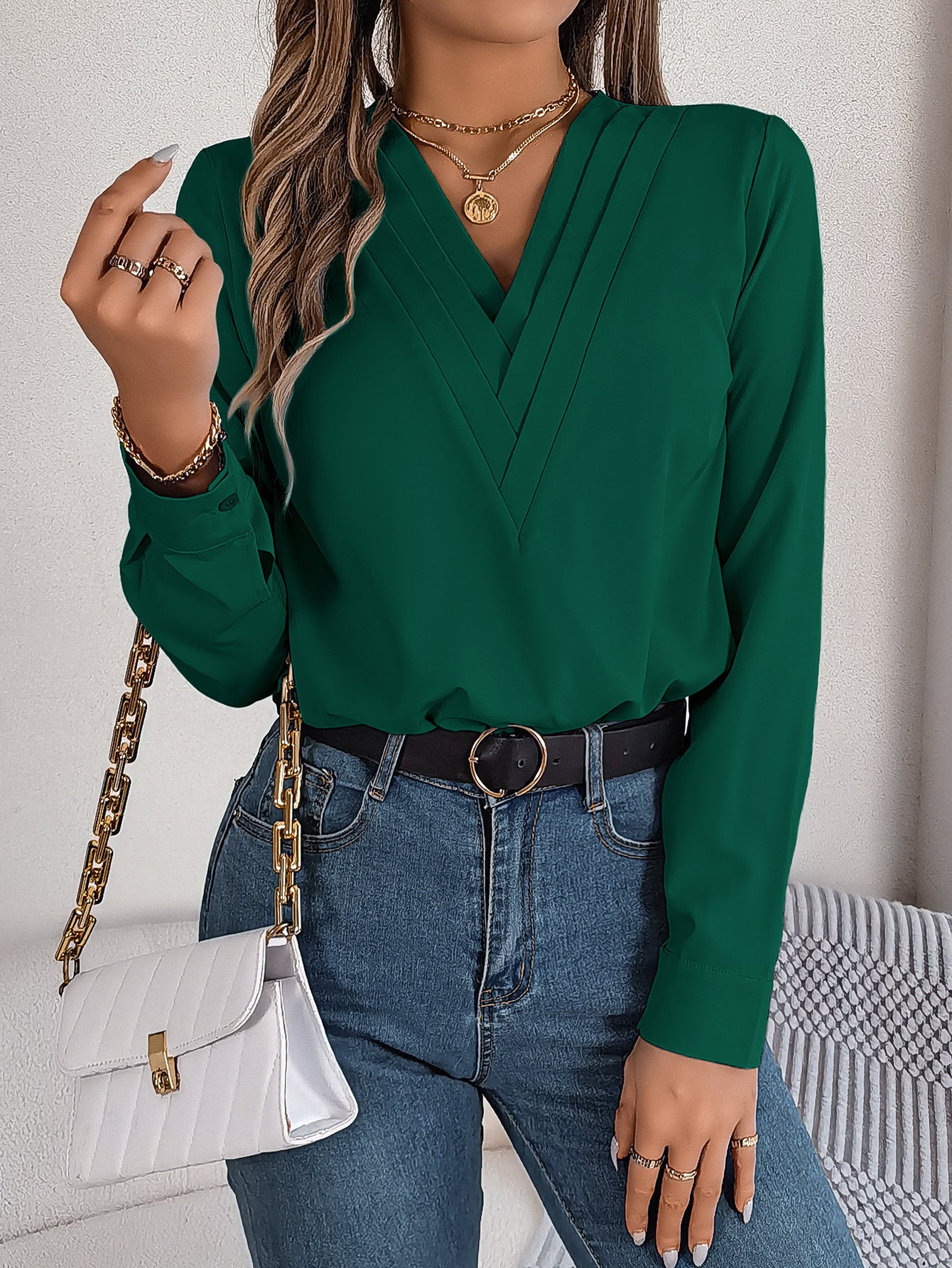 Camicia a maniche lunghe con scollo a V alla moda, elegante, da pendolare, tinta unita, da ufficio, abbigliamento da donna