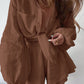 European And American Cotton Linen Women's Long-sleeved Top Ruffle Shorts