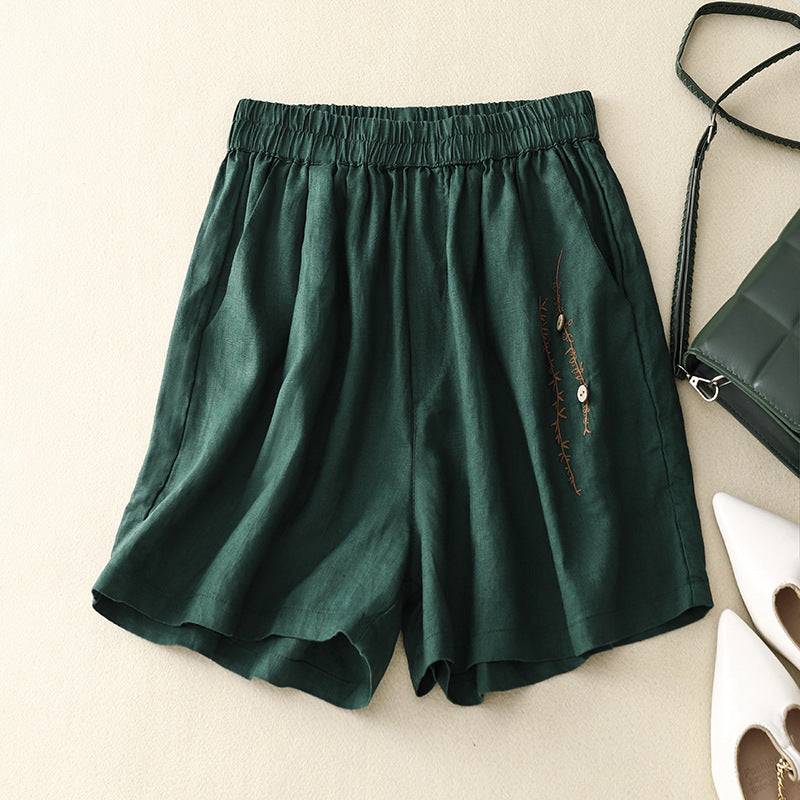 Pantaloncini in lino e cotone con ricamo vintage alla moda femminile