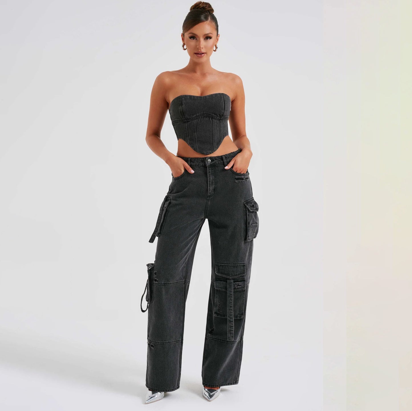 2-teiliges Denim-Set für den Sommer, sexy, rückenfreies Tube-Top und gerade Hose mit mehreren Taschen