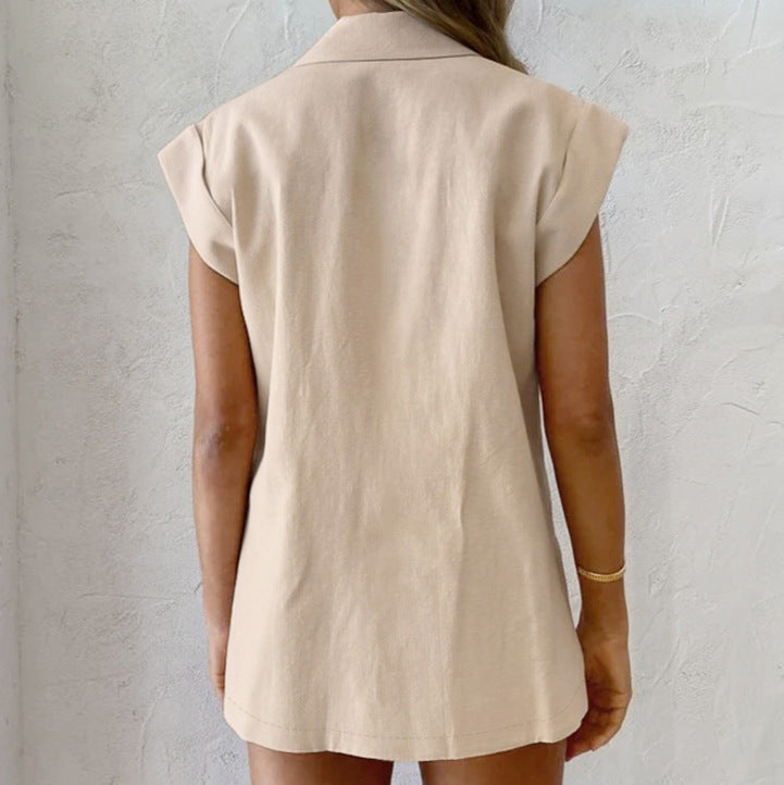 Women's British-style Suit Collar Cotton And Linen Casual Sleeveless Top And Shorts Two-piece Set