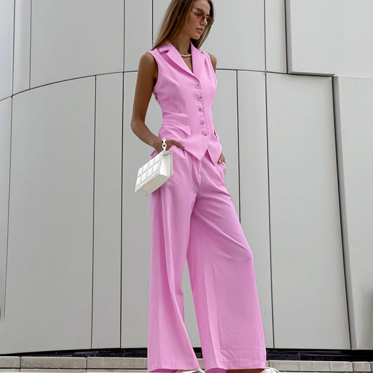 Cotton Linen Sleeveless Slim Fit Vest High-waisted Trousers Suit