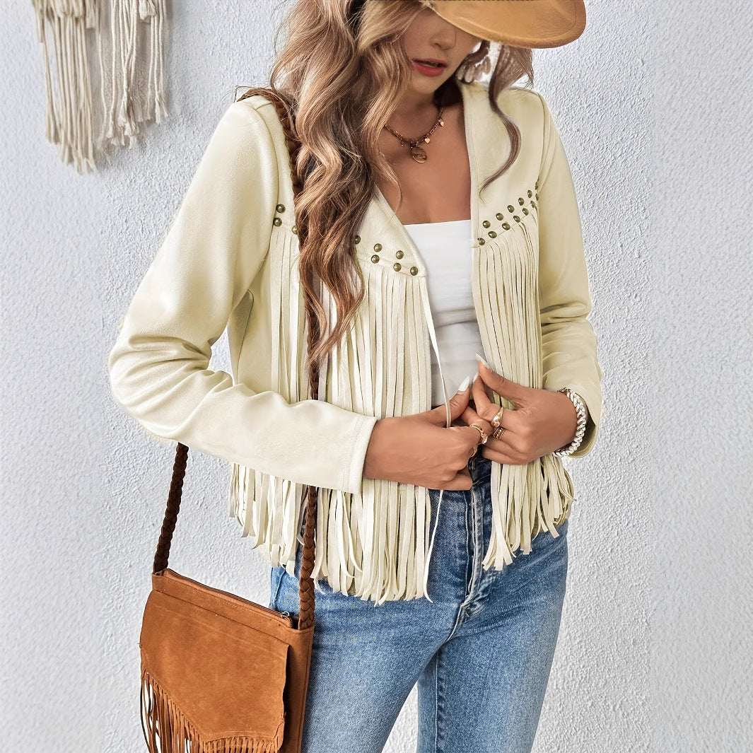 Elegante, einfarbige Damenjacke mit Quastenbesatz vorne offen