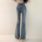 Vielseitige, schlankmachende Jeanshose mit hoher Taille und zwei Knöpfen sowie Doppeltaschen im Frühlings-Design, leicht ausgestellt für Damen