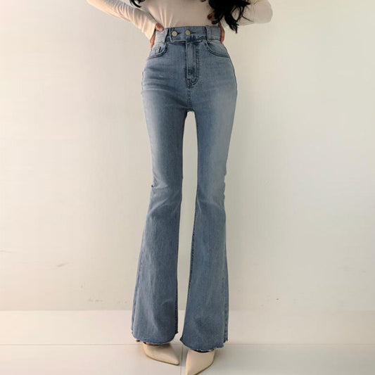 Spring Versatile High Waist Slimming Two-button Double Pocket Design Sense Slightly Flared Jeans Trousers For Women