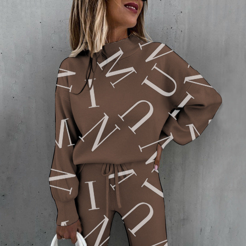 Completo casual alla moda da donna con collo alto e stampa tie-dye e maniche lunghe