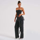 2-teiliges Denim-Set für den Sommer, sexy, rückenfreies Tube-Top und gerade Hose mit mehreren Taschen